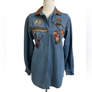 Vintage Cambridge Dry Goods Denim Button Down Shirt Camping Hiking Motif Medium